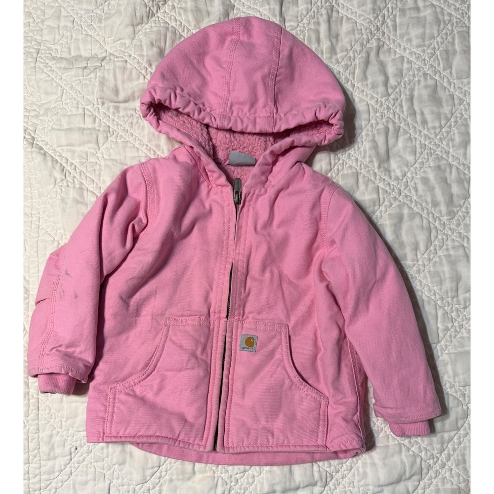 Carhartt Hooded Jacket Kids Pink Sherpa Lined Canvas Coat Toddler 2T